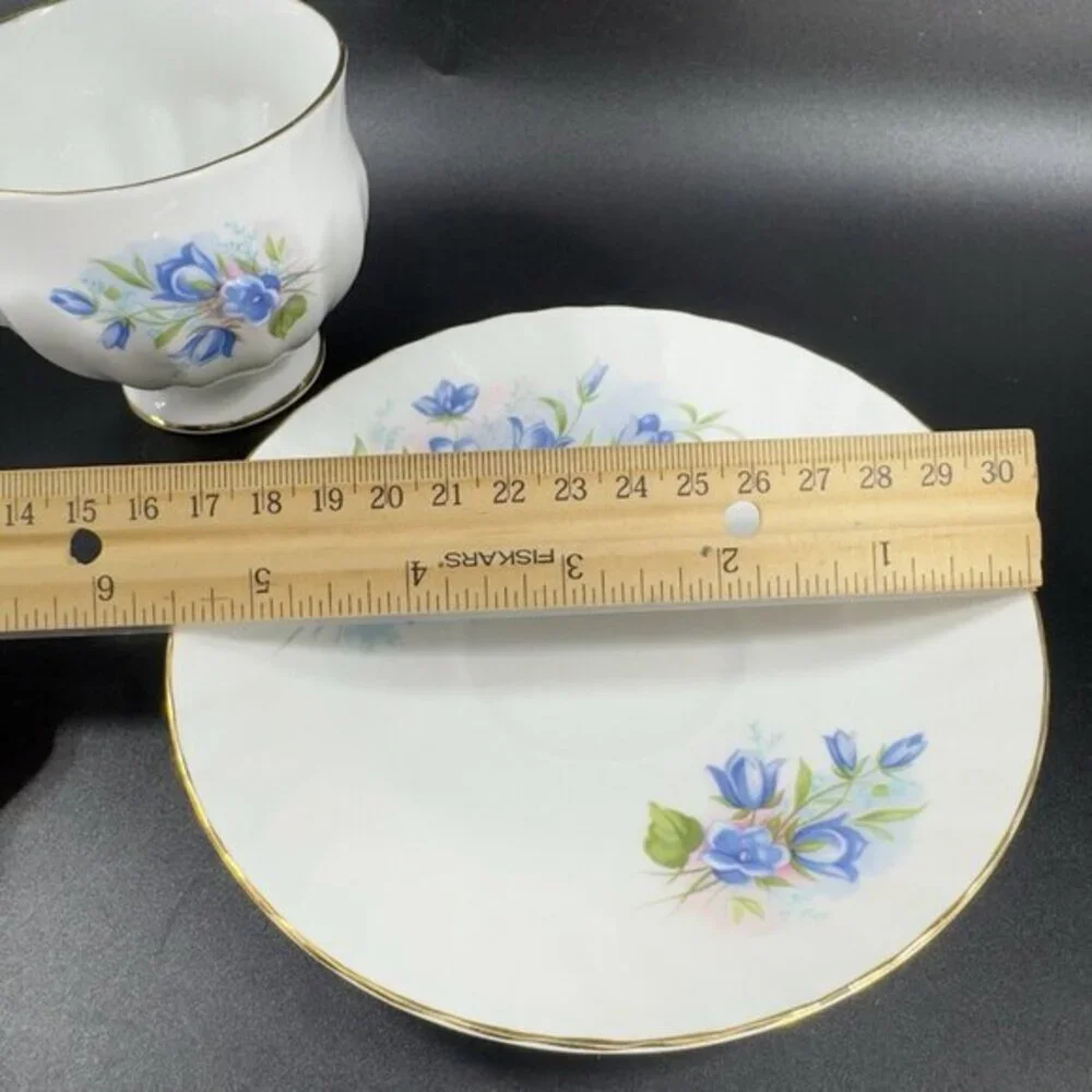 Queens Rosina China Co Blue Flowers‎ Teacup Saucer Set Porcelain Vintage England